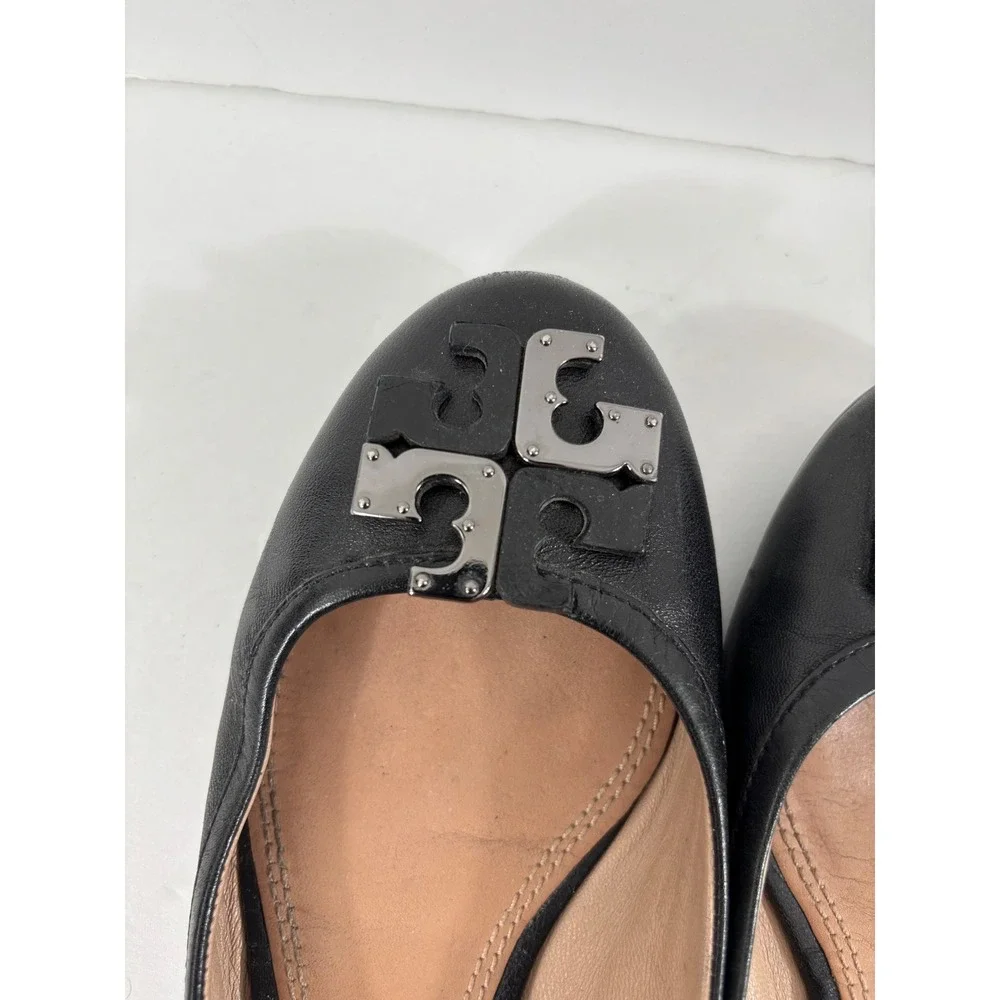 Tory Burch Black Lowell Leather Ballet Flats Embellished Logo Size 7 M